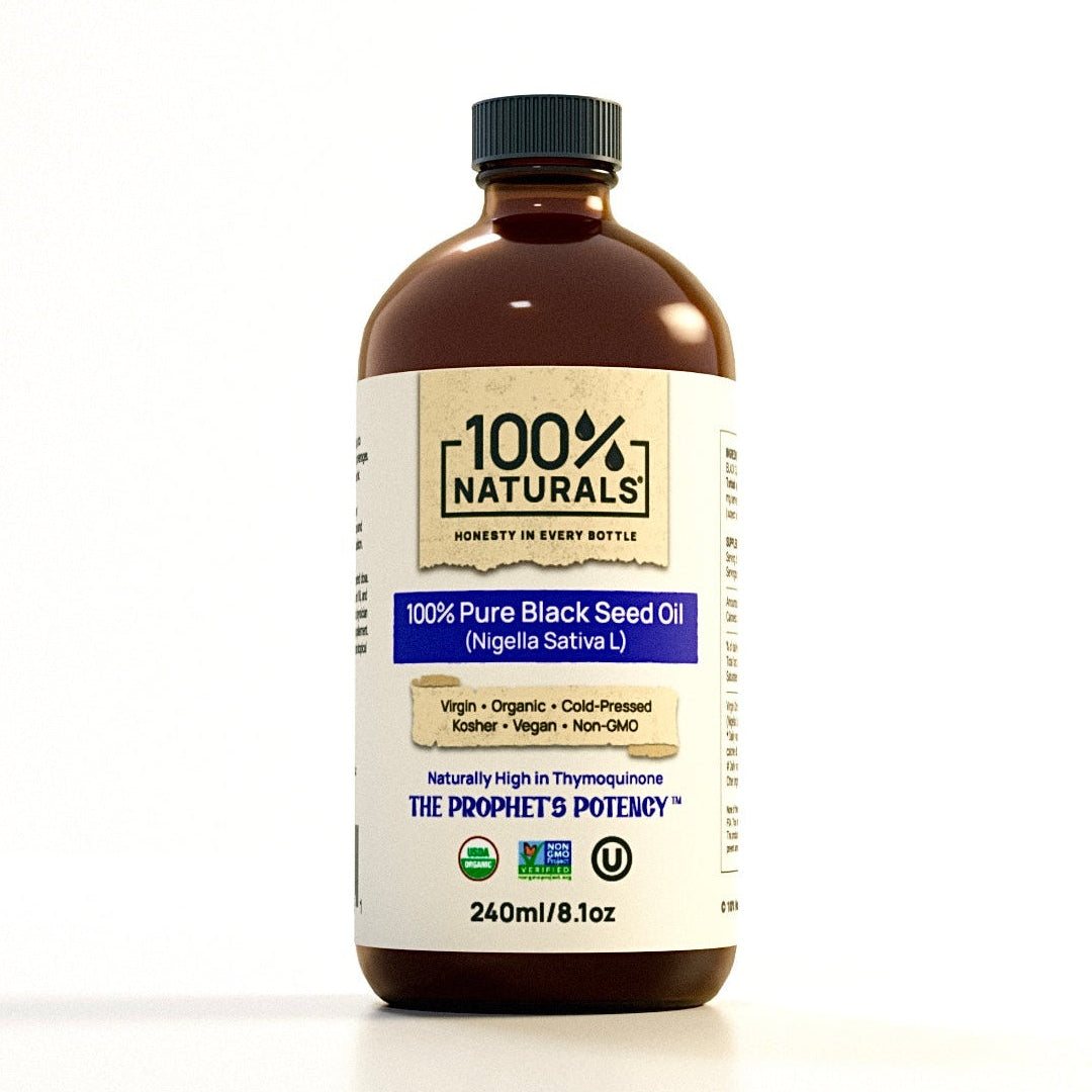 Bottle of 100% Naturals 100% Pure Black Seed Oil on a white background