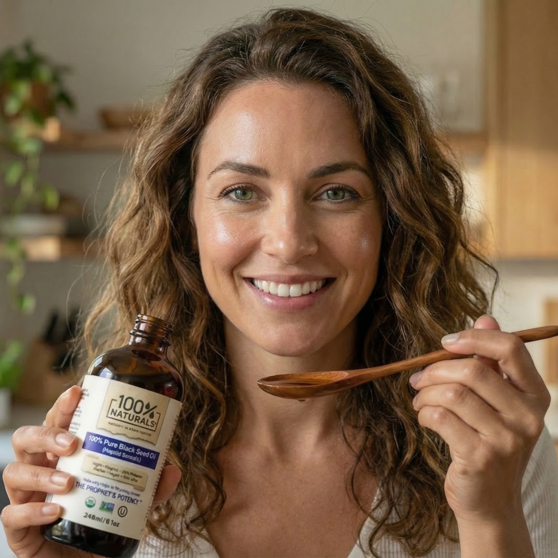 Woman holding a bottle of 100% Naturals product and a wooden spoon in a kitchen setting.