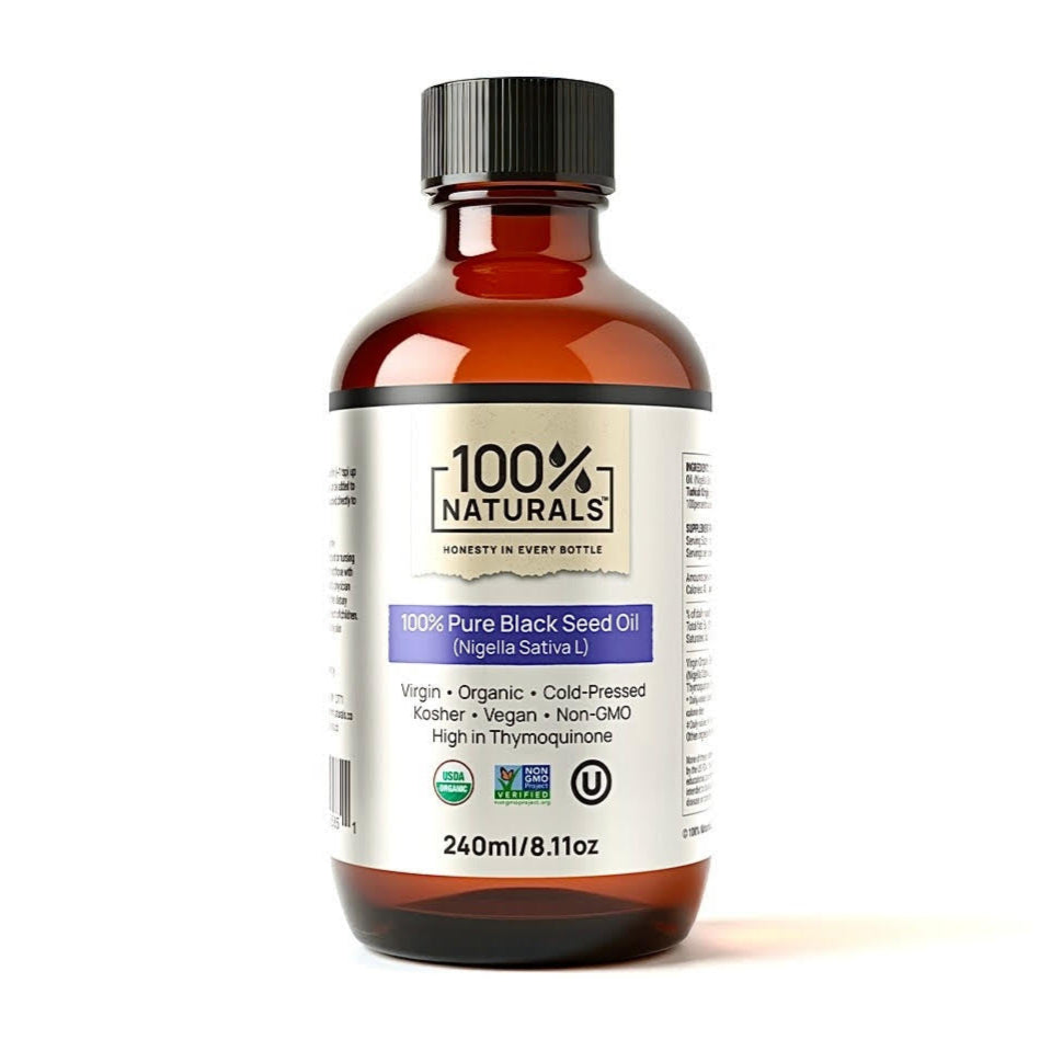 Bottle of 100% Naturals 100% Pure Black Seed Oil on a white background